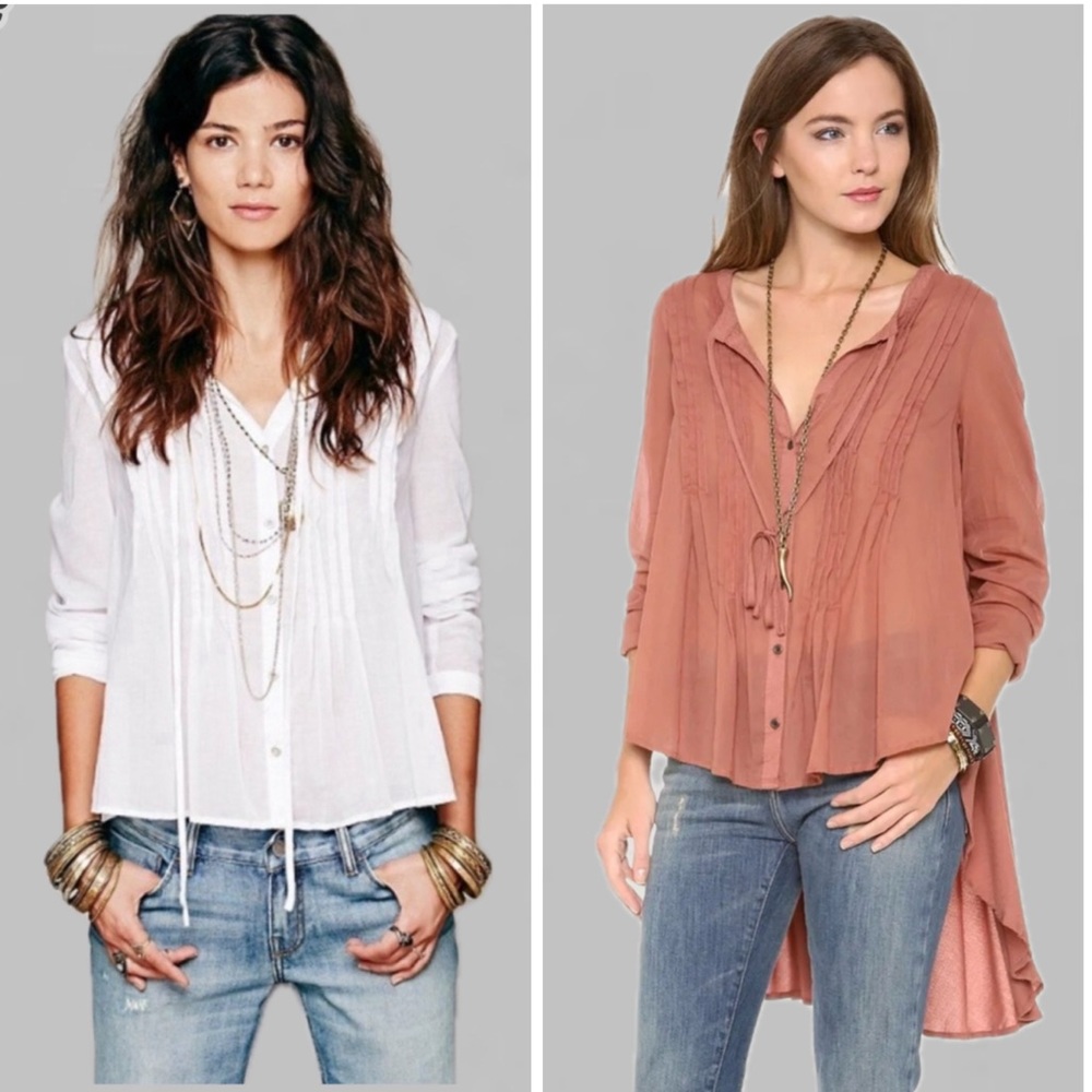 Free People Sisters Of The Moon White Button Down‎ Pleated Blouse Top Tunic S